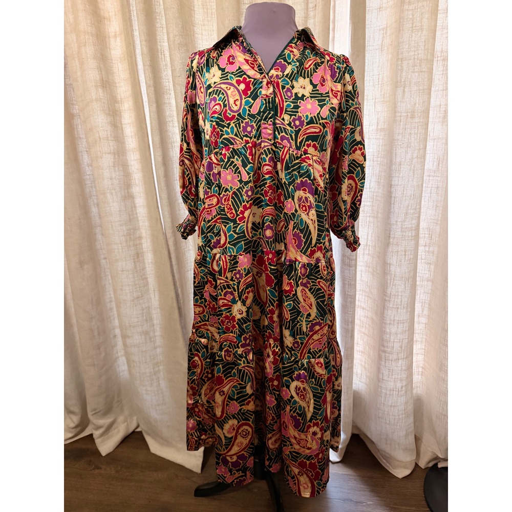 Umgee Womens Paisley Midi Dress Small Teal Pink Satin 3/4 sleeve flowy modest